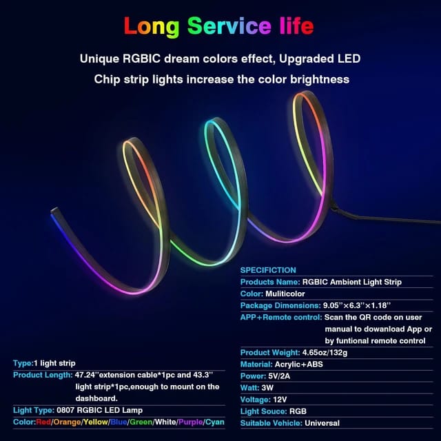 LED Ambient Light For Car Interior USB Decoration Atmosphere Neon RGB Rainbow Acrylic Strip APP Remote Control