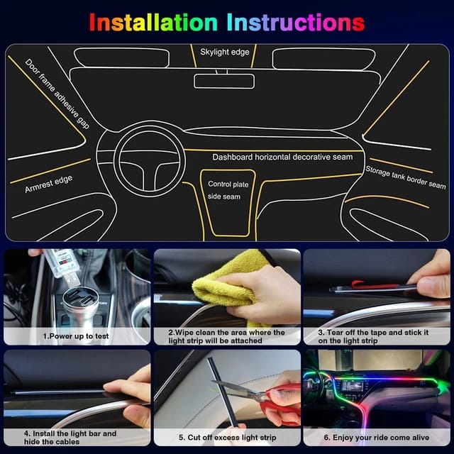 LED Ambient Light For Car Interior USB Decoration Atmosphere Neon RGB Rainbow Acrylic Strip APP Remote Control